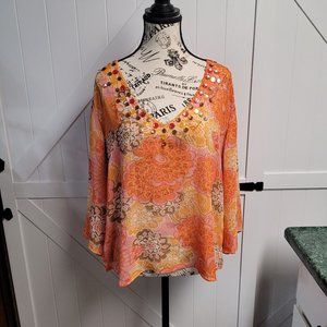 Daisy Fuentes XL Multi-Colored Orange, Pink, Peach and Brown Unique Flowered Top